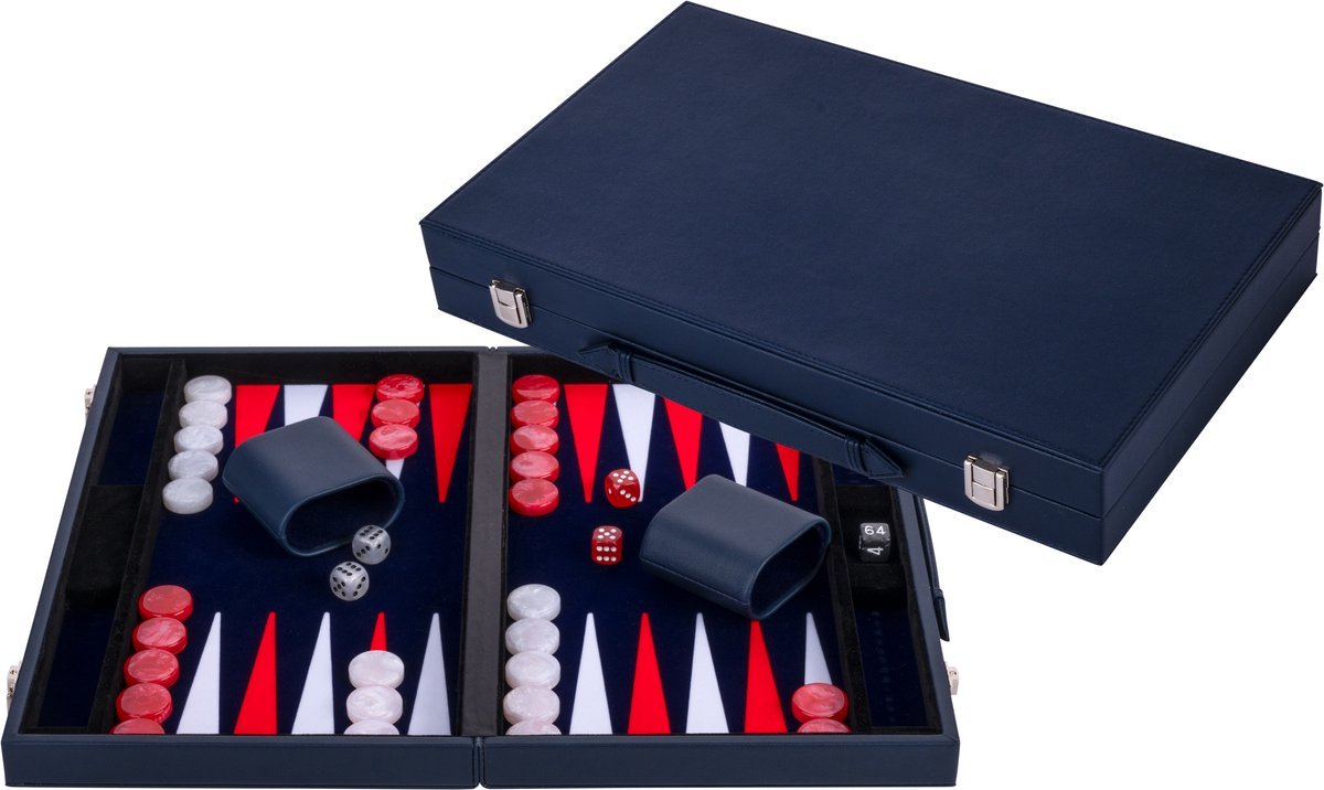 Longfield Backgammon 18 inch - rood & wit ingelegd bord - luxe kunstlederen koffer - inclusief stenen, dobbelstenen & werpbeker - engelhart