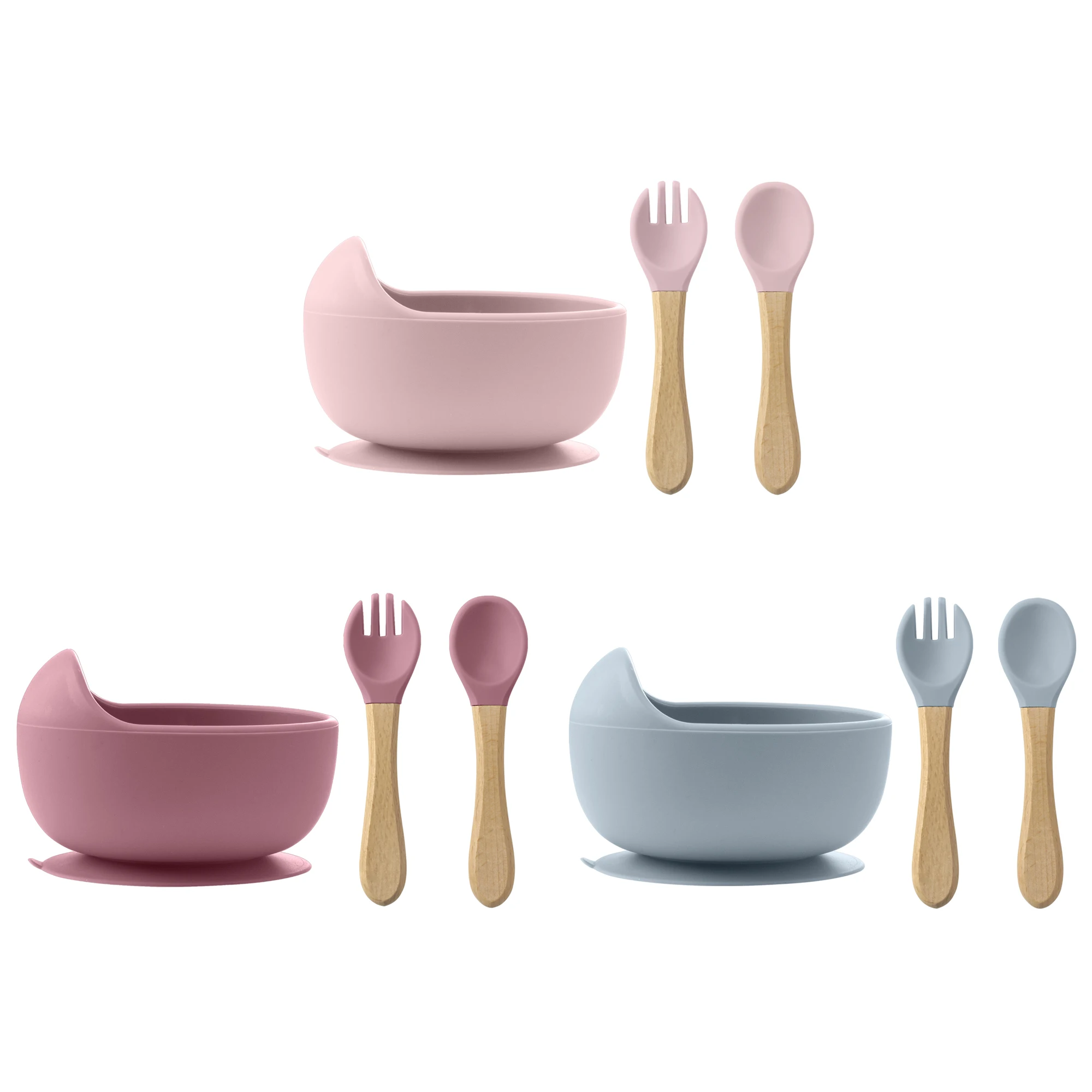3Pcs Silicone Baby Feeding Bowl Set Baby Learning Dishes Suction Bowl Set Wood Spoon Fork Children Tableware Baby Stuff - Imagen 13