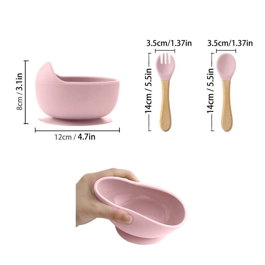3Pcs Silicone Baby Feeding Bowl Set Baby Learning Dishes Suction Bowl Set Wood Spoon Fork Children Tableware Baby Stuff - Imagen 4