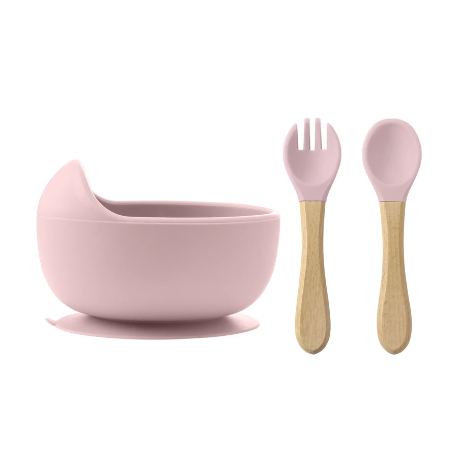 3Pcs Silicone Baby Feeding Bowl Set Baby Learning Dishes Suction Bowl Set Wood Spoon Fork Children Tableware Baby Stuff - Imagen 9