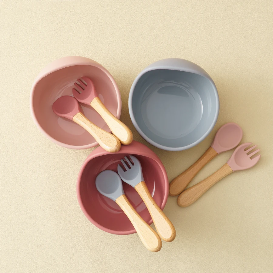 3Pcs Silicone Baby Feeding Bowl Set Baby Learning Dishes Suction Bowl Set Wood Spoon Fork Children Tableware Baby Stuff - Imagen 2