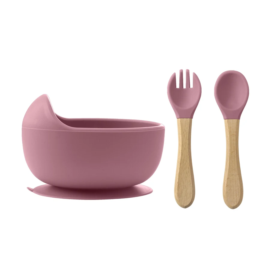 3Pcs Silicone Baby Feeding Bowl Set Baby Learning Dishes Suction Bowl Set Wood Spoon Fork Children Tableware Baby Stuff - Imagen 10