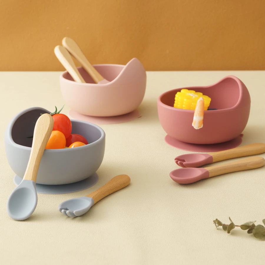 3Pcs Silicone Baby Feeding Bowl Set Baby Learning Dishes Suction Bowl Set Wood Spoon Fork Children Tableware Baby Stuff - Imagen 6