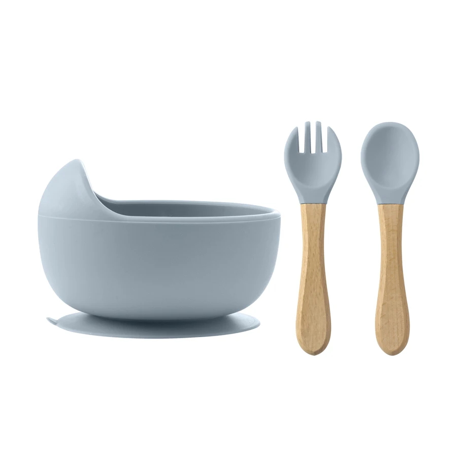 3Pcs Silicone Baby Feeding Bowl Set Baby Learning Dishes Suction Bowl Set Wood Spoon Fork Children Tableware Baby Stuff - Imagen 7